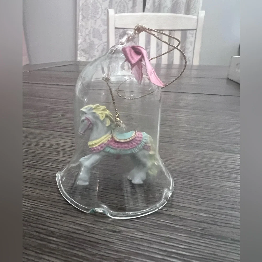 Vintage Carrousel Ornament Crystal Bell Porcelain Bisque Horses in box